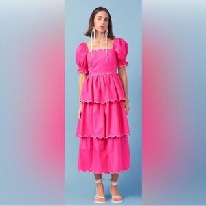 English Factory Pink Tiered Scallop Dress Medium NWT | Puff Sleeve Cottagecore M
